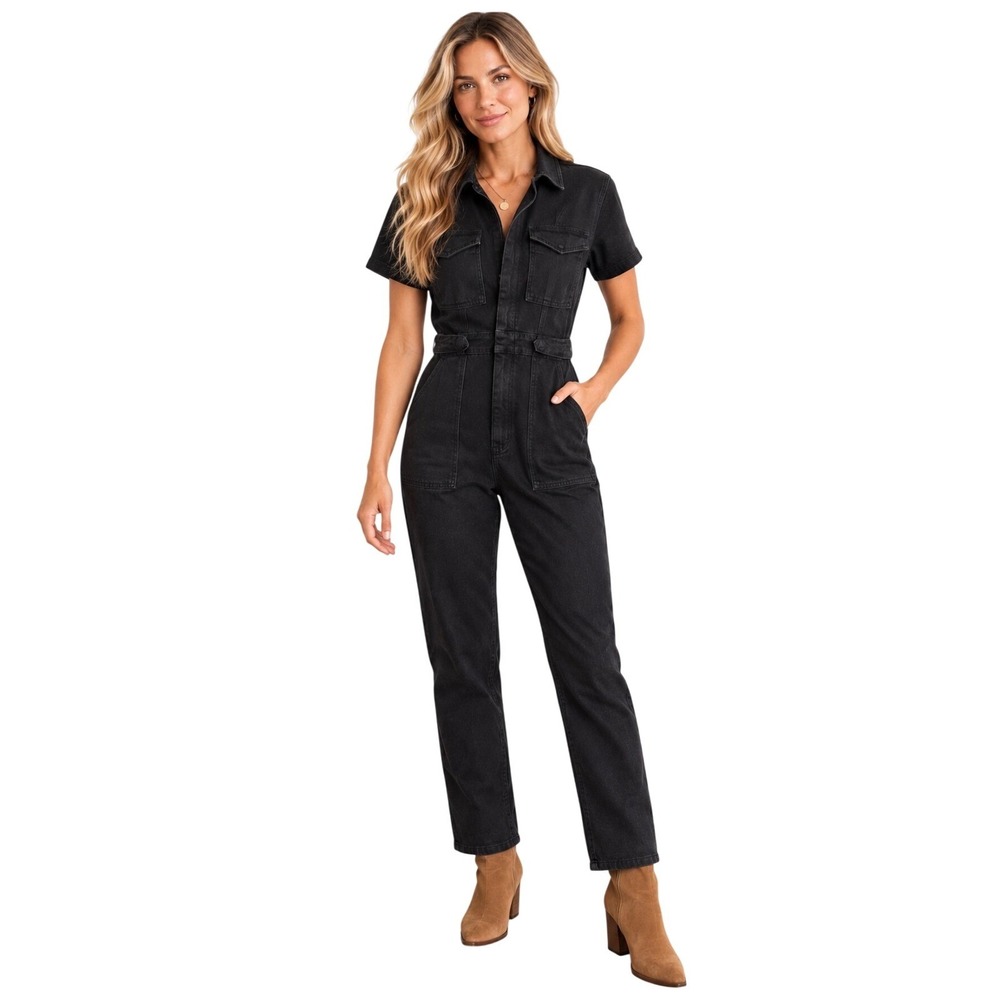 NWT Good American Fit For Success Jumpsuit Black Denim Short Sleeve L GMJS731BSO
